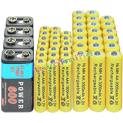 Kopen 9 V 600 mAh + AA 3000 mAh + AAA 1800 mAh 1.2 V NI MH Oplaadbare Batterij geel