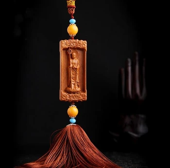 

Chinese Peach Wood Carving King Of The Inferno Safe And Good Luck Card Exquisite Car Key Pendant