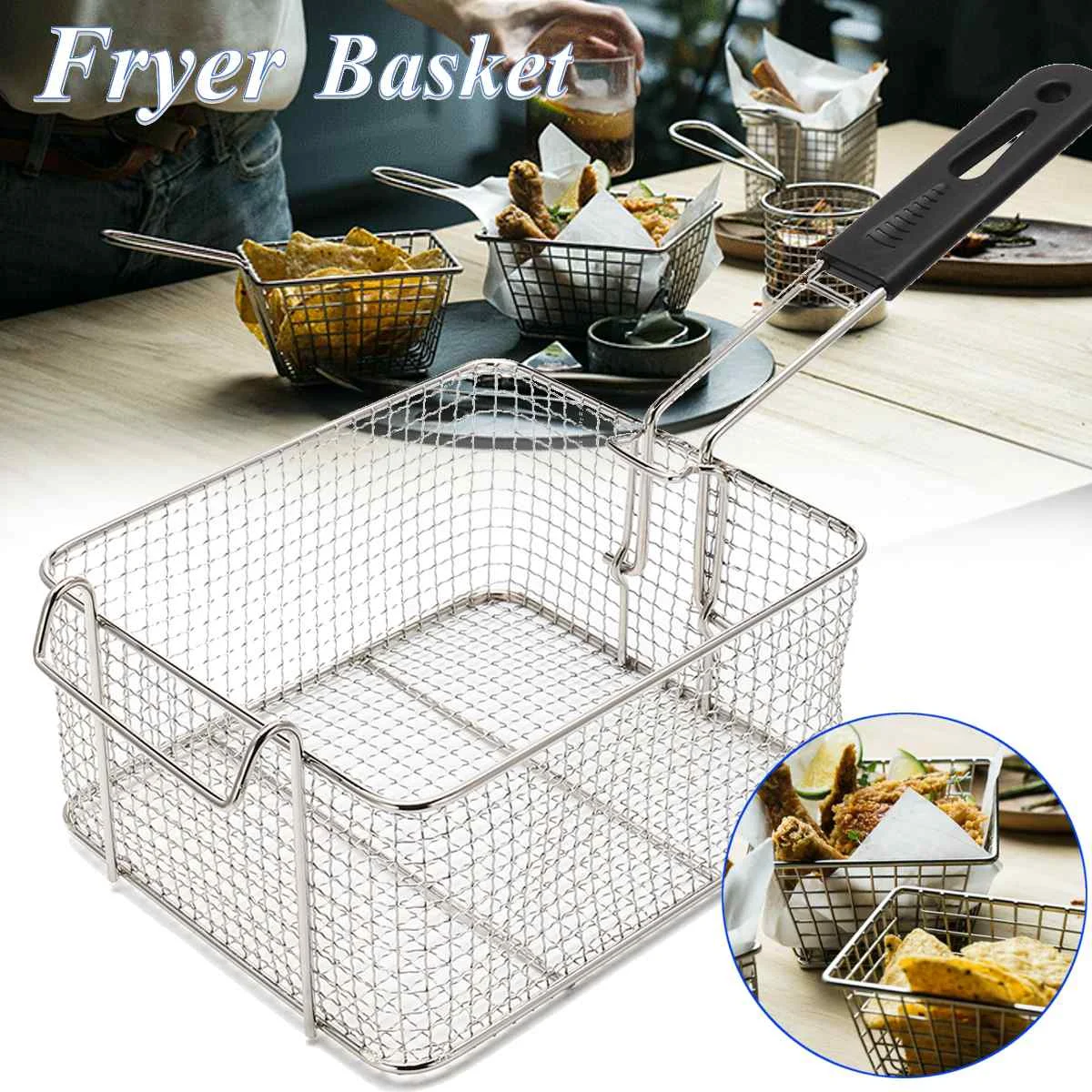 

21x18cm Stainless Steel Fat Fryer Basket Home Restaurant Fish Chip French Fries Basket Strainer Frying Strainers Kitchen Tools