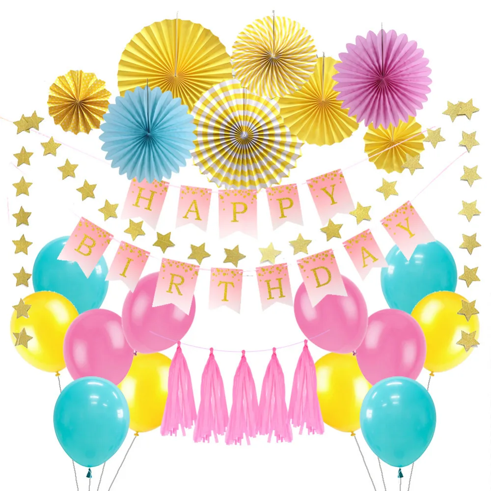 

27pcs Birthday Party Decoration Happy Birthday Banner Balloons Baby Girl Boy Rainbow Star Garland Photo background Decor