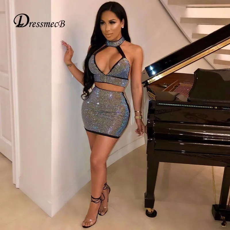 

DRESSMECB Sexy Bodycon Dress Women Halter V Neck Backless Mini Dresses Elegant Party Nightclub Diamonds Summer Dress Vestidos