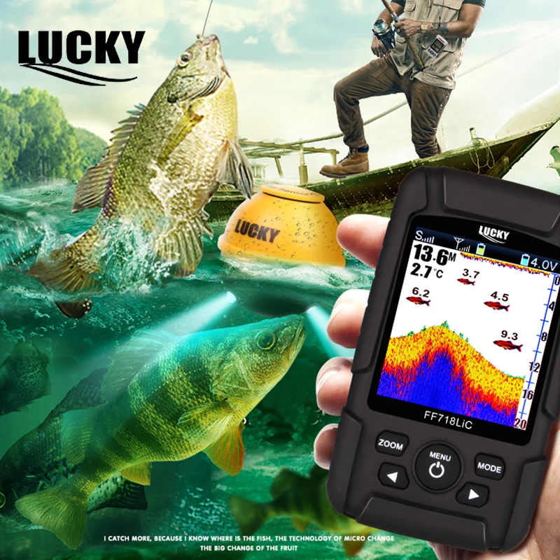 محظوظ المحمولة Fishfinder عمق صدى أسلم LCD للماء 100 متر صياد السمك اللاسلكية 45 متر/147 قدم سونار الروسية القائمة FF718LiC-WL