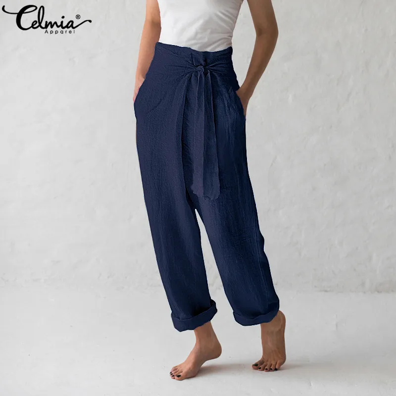 

2019 Celmia Plus Size Vintage Wide Leg Pants Women High Waist Trousers Lace Up Casual Solid Pantalon Summer Palazzo Femme 5XL