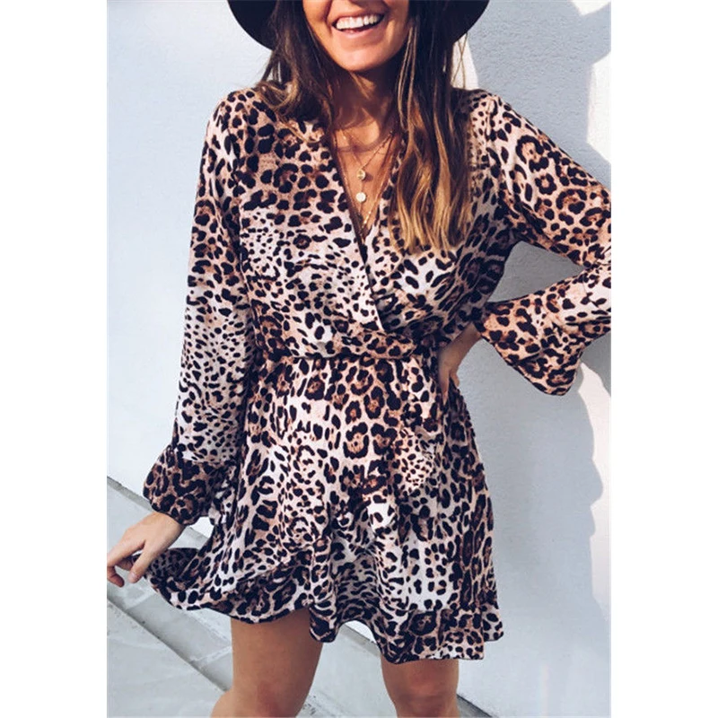 

Fashion Women Leopard Ruffles Dress Elegant Ladies Long Sleeve V Neck Party Clubwear Autumn streetwear