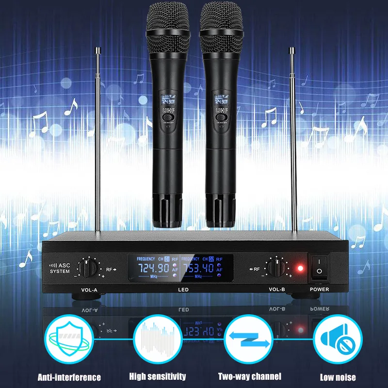 منخفضة الضوضاء UHF 2 قناة لاسلكية نظام مع المزدوج يده ميكروفون ل KTV الكاريوكي الأسرة حزب الترفيه المنزلي مؤتمر
