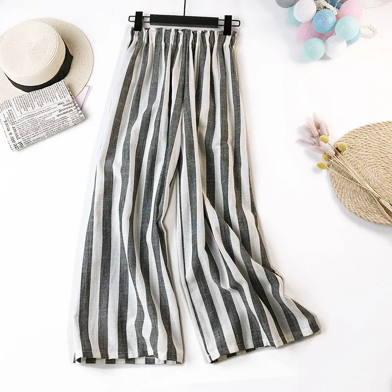 

Cotton Linen Striped Pants Women Summer Plus Size Long Trousers Female Autumn Casual Loose Mid Waist Wide Leg Pants