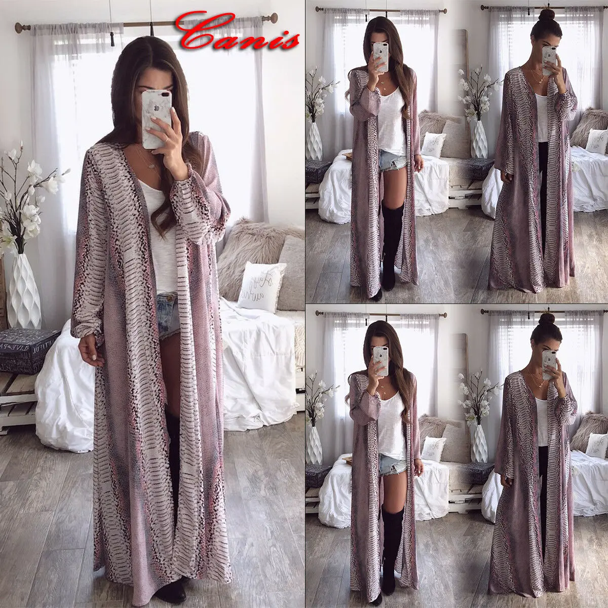 

2019 Summer Spring Womens Long Sleeve Snake Skin Printed Jackets Chiffon Cardigan Loose Boho Outwear Fashion V-neck Long Coat