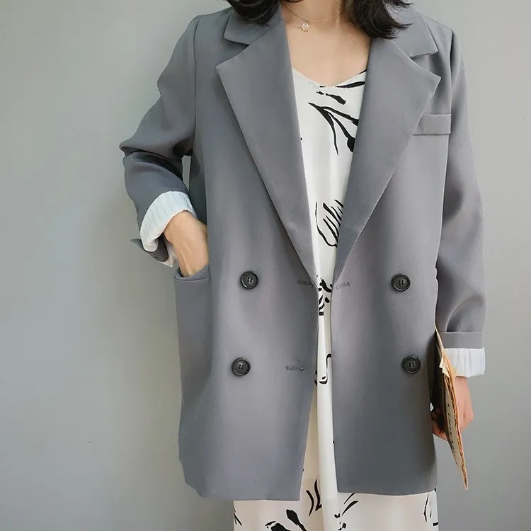 Spring Chic Loose Blazer Notched Women Coat Double Breasted Long Suit Jacket Female Office Casual Blazer