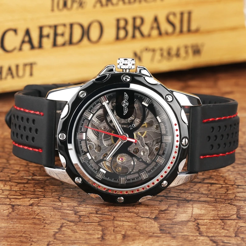 WINNER Men Military Watches 2019 Fashion Auto Mechanical Wristwatch Rubber Band Skeleton Stainless Steel Case reloj 3