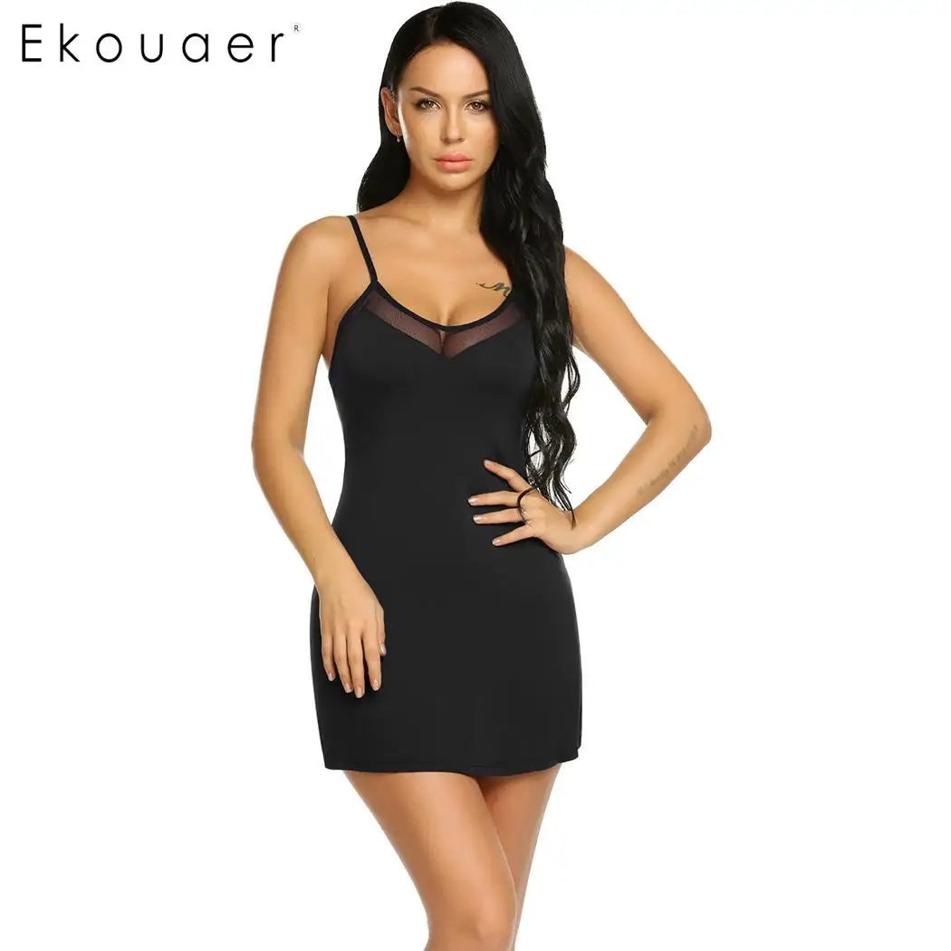 

Ekouaer Lingerie Night Dress Sleepwear Women Nightdress Sleeveless Adjustable Spaghetti Strap V-Neck Sexy Nighties Nightgown