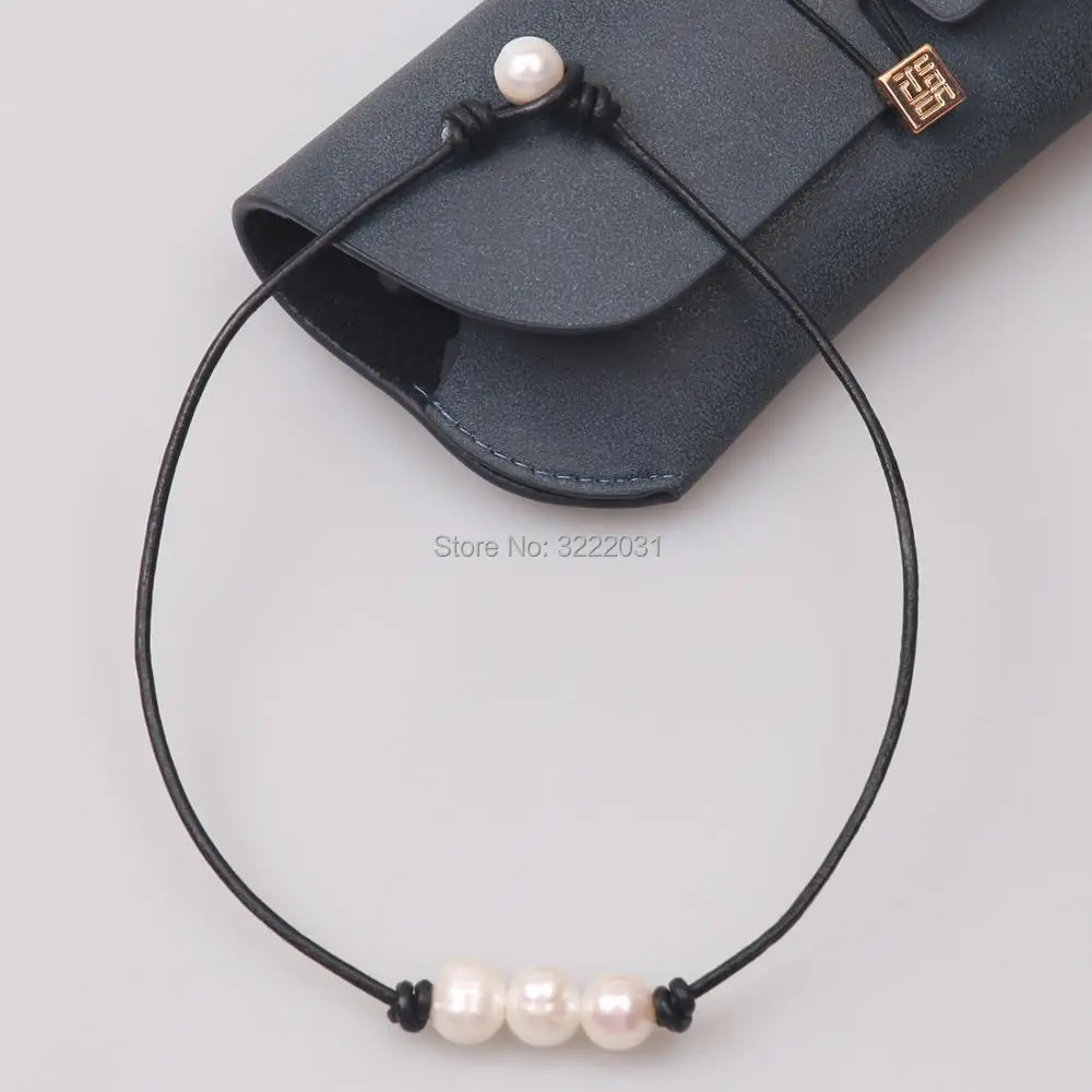 

Three Pearls Choker Leather Necklace for Women White Freshwater Pearls Tiny Necklace Beaded Jewelry on Genuine Leather Cord Girl