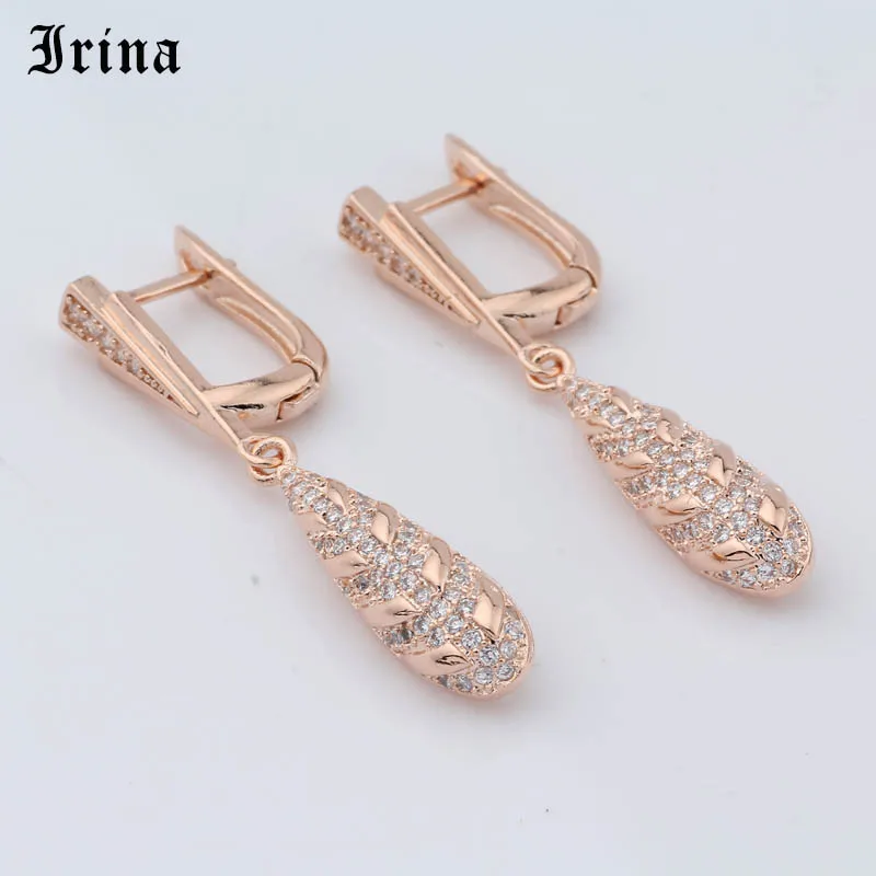 Irina 585 Elegant AAA Cubic Zirconia Water Drop Dangle Earrings For Bridal Rose Gold Color Micro insert Romantic Dangle Earrings