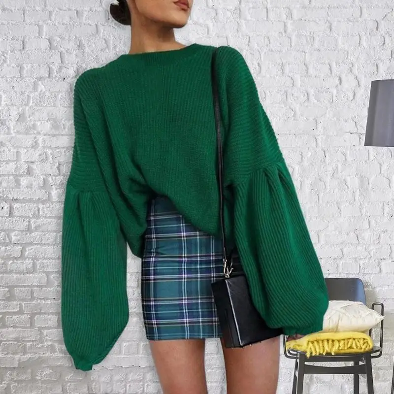 

Women Loose Lantern Sleeve Round Neck Knitted Sweater Fashion Casual Solid Color Pullover Tops