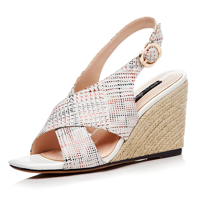 

Genuine Leather Women Wedge Sandals 9 CM High Heels Sexy Open-toe Woman Pumps Summer Style Buckle Shoes Box Packing 5503