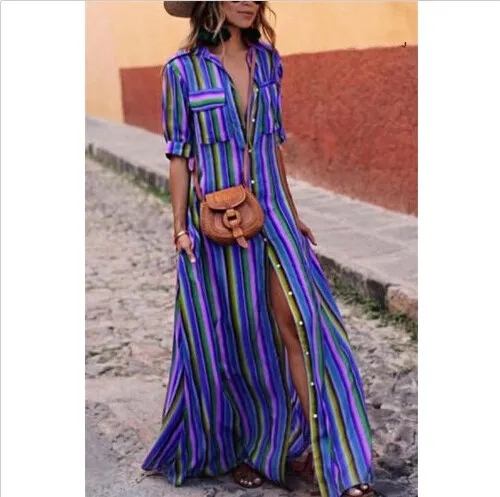 1PC Women Lady Party Stripe Long Dress Split Front Maxi Beach Dress Plus Size Loose Casual Summer Clothing