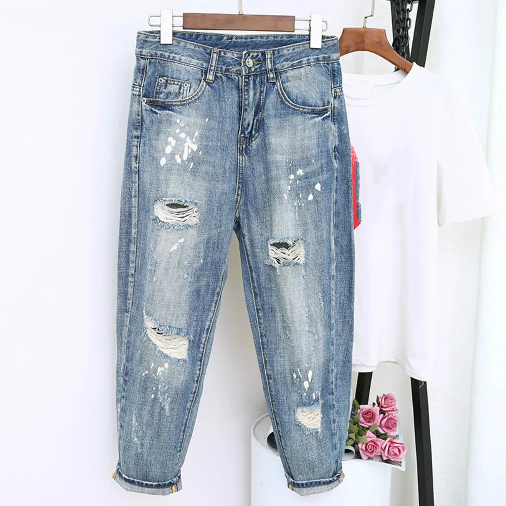 

Plus Size High Waist Jeans Woman Loose Jeans Femme Stretch Ladies Jeans Vintage Ripped Hole Denim Pants Trousers For Women