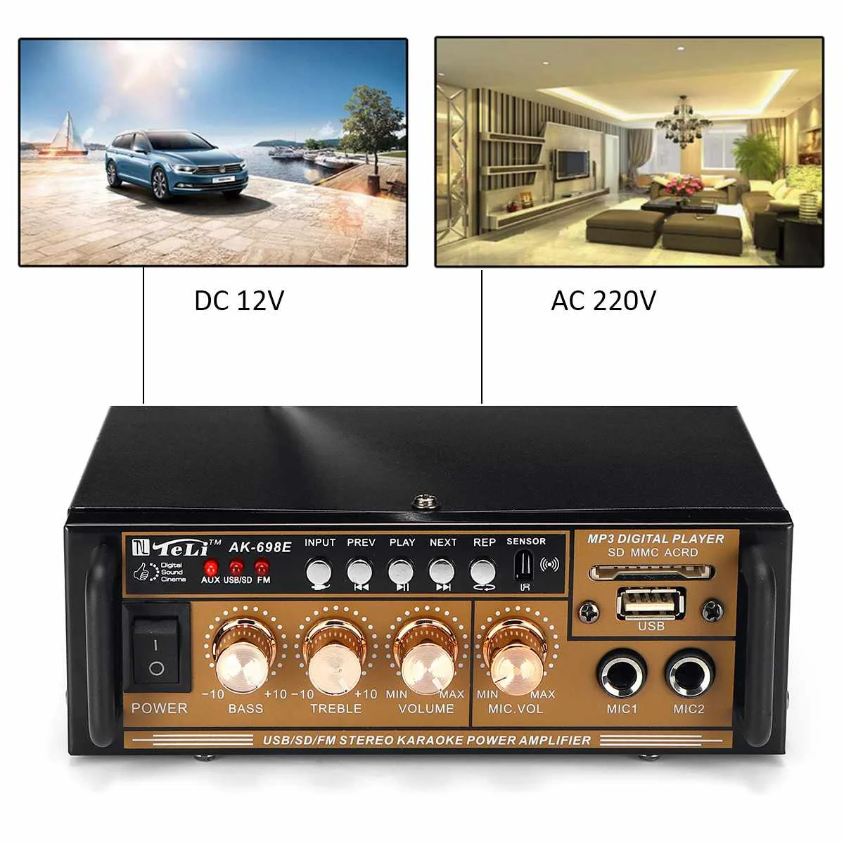300W 12V/ 220V Mini HIFI Car Audio Amplificador Stereo Power Home Theater Audio Amplifier FM Radio USB/TF/SD 2CH LCD Display