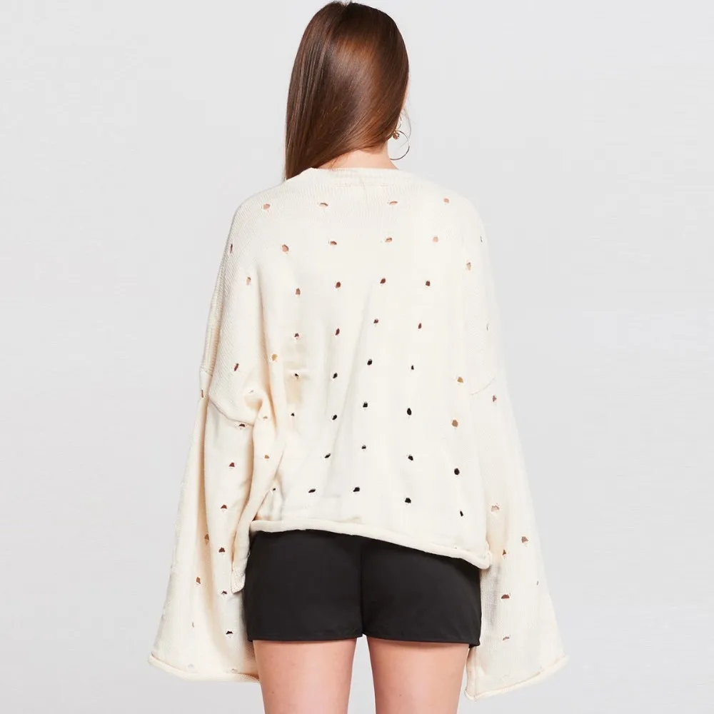 HDY Haoduoyi Fashion Simplicity Hole Hollowing Out Frenulum Easy Knitting Sweater Black White Long Sleeve Tops 