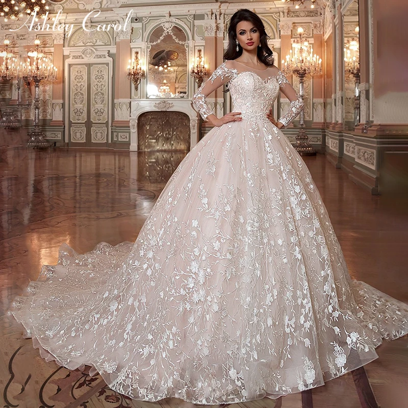 

Ashley Carol Vintage Ball Gown Wedding Dress 2019 Scoop Lace Long Sleeve Court Train Dream Princess Bridal Gown Vestido de Noiva