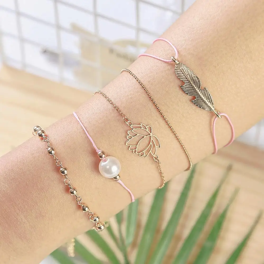 

JRYFAC 5pcs/Set Multilayer Bracelets for Women with Father Heart Lotus Pearl Pendants Gold Chains Metal Beads Party Gifts