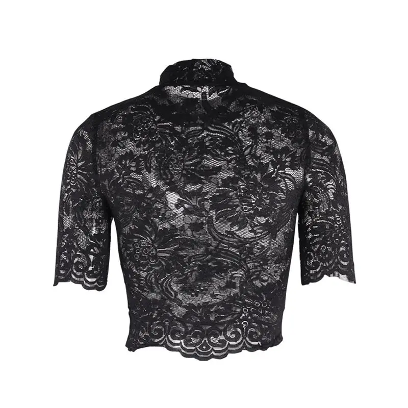 

Sexy Lace Gothic Tees Summer Crop Top Women Transparent Tops Fashion Embroidery Turtleneck Slim Ladies Club Wear Black T Shirts