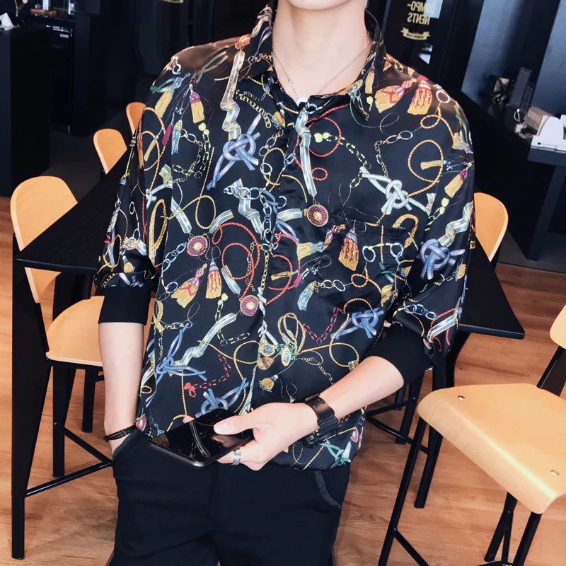 Повседневная Новая приталенная рубашка смокинг с принтом для мужчин Camisa Masculina