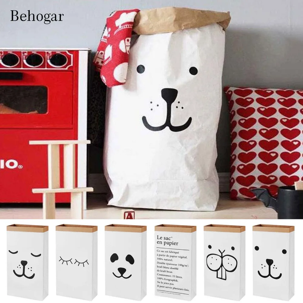 Behogar لطيف الكرتون كرافت ورقة تخزين حقيبة كتان الاطفال لعب الملابس سلة تنظيمية للأدوات للأطفال غرفة الحضانة ديكور المنزل