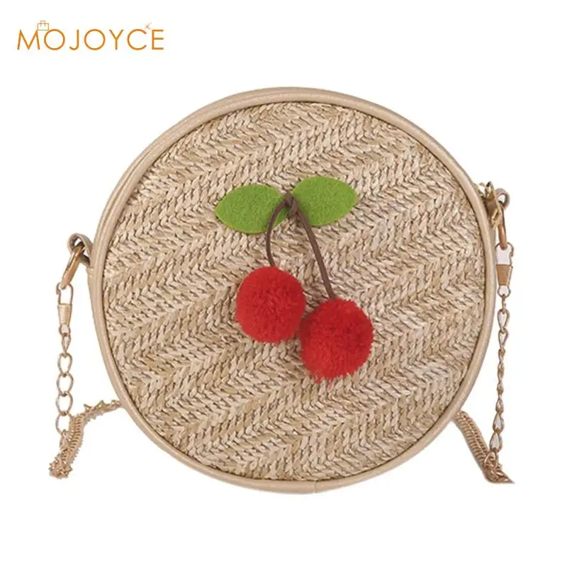 

Straw Woven Cherry Round Shoulder Handbags Women Chain Small Crossbody Bags Woven Beach Circle Bohemia Handbag New Fashion
