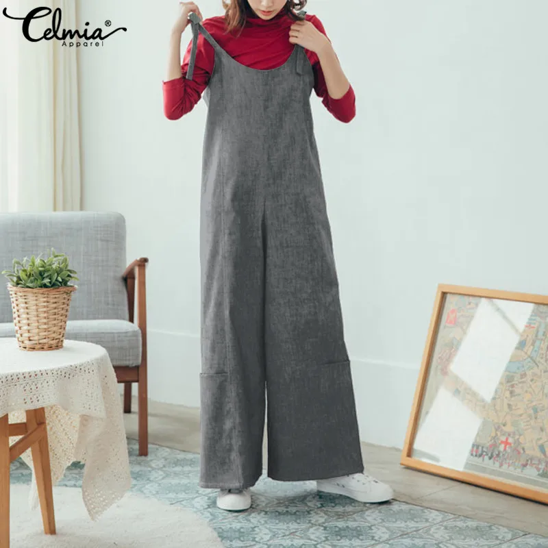 Celmia Vintage Women Strap Jumpsuits Summer Wide Leg Pants
