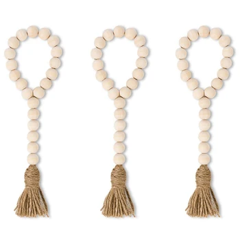 

Wood Bead Garland With Tassels Farmhouse Beads 3Pcs Rustic Country Decor Prayer Beads Wall Hanging Decor