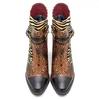 Socofy Retro Printed Cowgirl Ankle Boots Women Spring Patchwork Horsehair Genuine Leather Women Boots Shoes Woman Zipper Booties 4