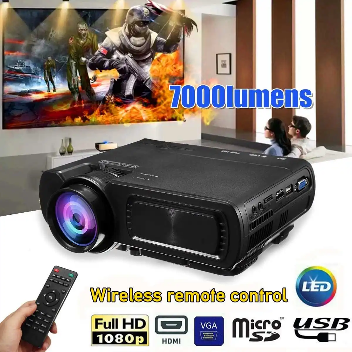 

1080P 3D 7000 Lumen LED Projector Home Theater Multimedia HDMI/USB/VGA
