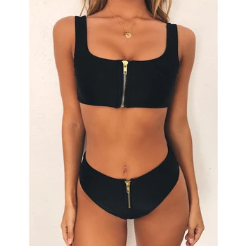 

Women Push Up Bikini 2019 Set Zipper Padded Swimwear High Waist Swimsuit Beachwear 2PCS Swimming Wear Bathing Suit