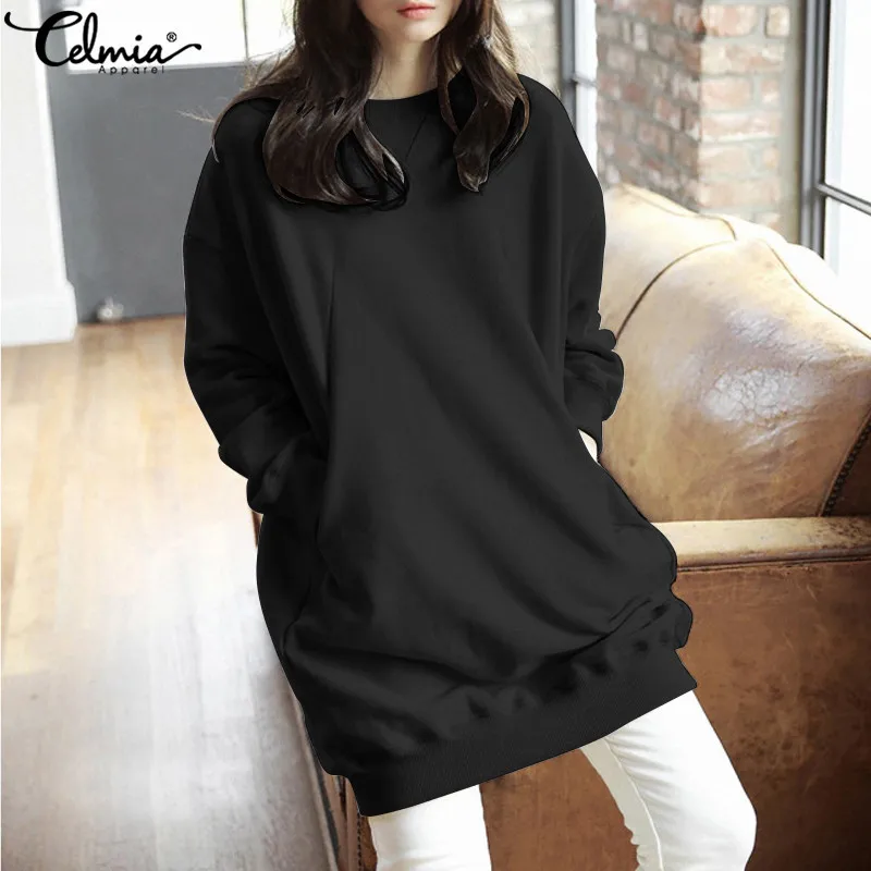 Celmia 2019 Autumn Women Sweatshirt Dress Long Batwing Sleeve Pullover Tops Pockets Casual Loose Solid Mini Vestidos Plus Size
