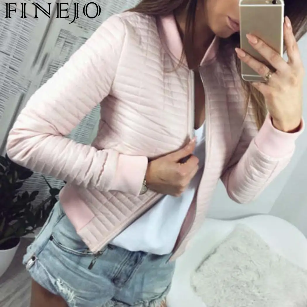 Women Jacket Spring Black O-Neck Outdoor Street Rib Short Coat Winter Zip Up Long Sleeve Pink Purple Outwear Womens Casual Coats
