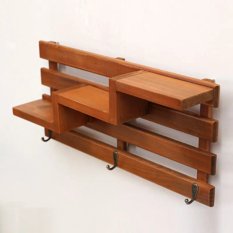 

Solid Wood Wooden Wall Mounted Vintage Retro Rack 3 Hanger Hooks Floating Storage Shelf Display Rack Home Decor