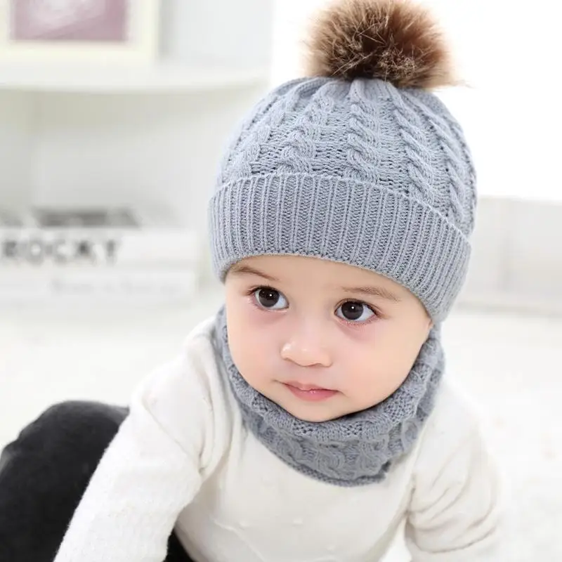

2pcs Baby Hats Scarf Set Warm Fur Ball Girls Boys Solid Color Caps Scarves Winter Autumn Knitted Warm Crochet Headgear Set New
