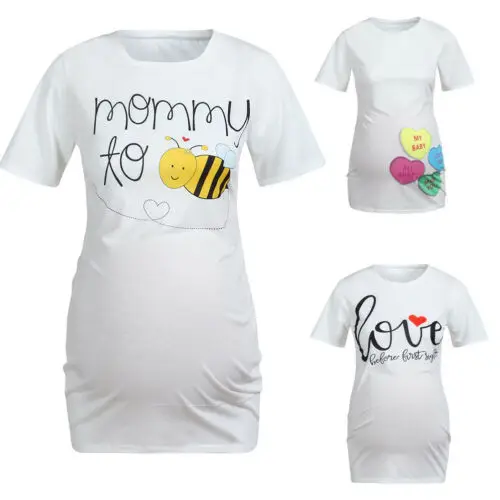 Cute Pregnant Womens Maternity Nursing Tops 2019 New Summer Cartoon Bee Heart Plain Breastfeeding T-Shirt Plus Size S-2XL