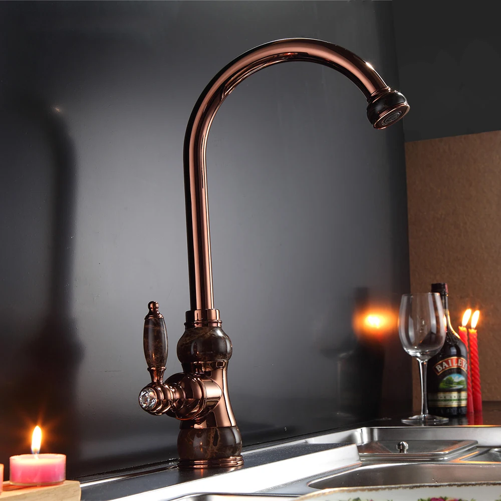 

Marble Design Kitchen Faucet Deck Mounted Rotatable Rotation Basin Tap Single Handle Single Hole Rose Gold Golden Sink Mixer