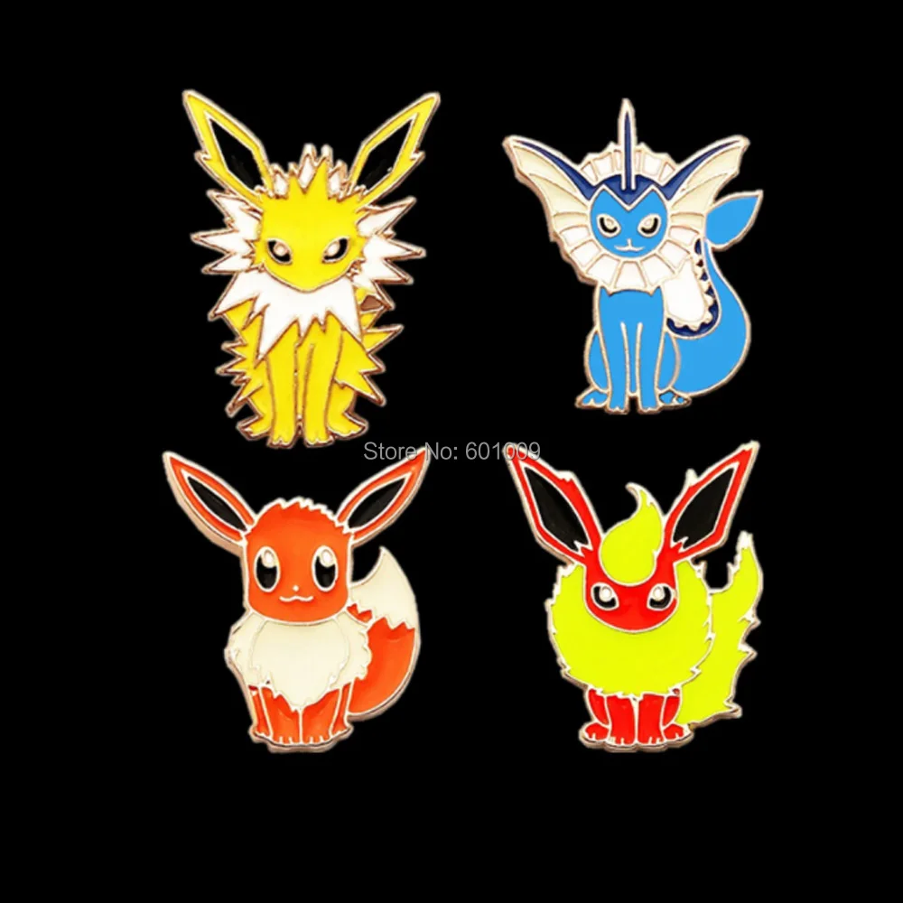 

4Pcs/Lot Vaporeon Eevee Jolteon Flareon Action Figures Alloy Metal Brooch Pin For Lapel PCXB