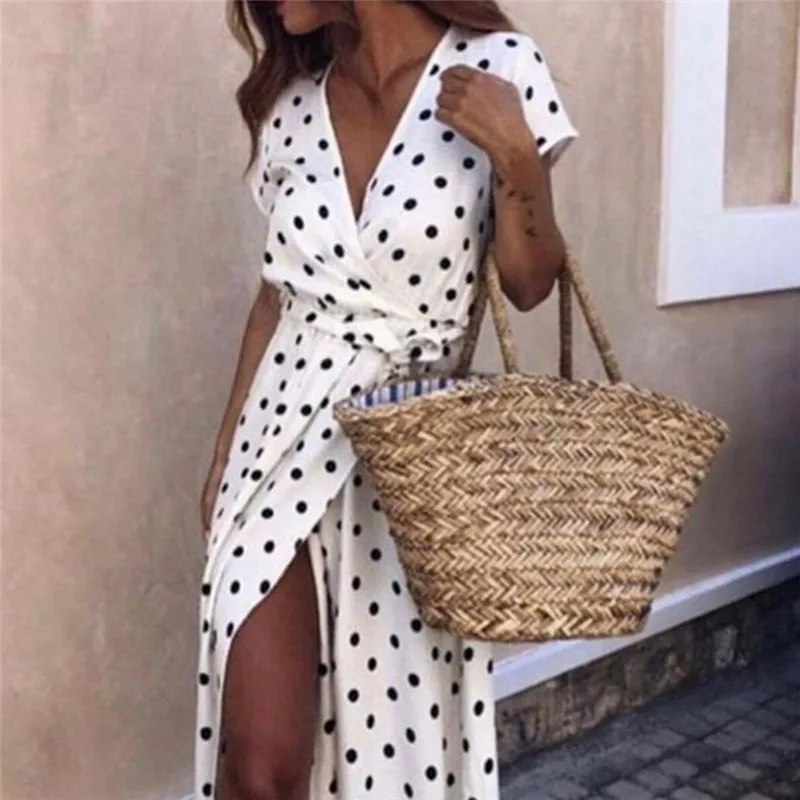 

Vintage Women Chiffon Summer Long Dress Lady Clothes Short Sleeve Deep V-Neck Split Dresses Women High Waist Polka Dots Dresses