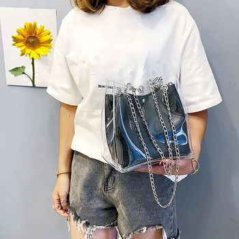 

2019 New Women Small Bucket PVC Bags Plastic Transparent Totes Composite Chain Bag Female Ladies Mini Jelly Handbags Crossbody