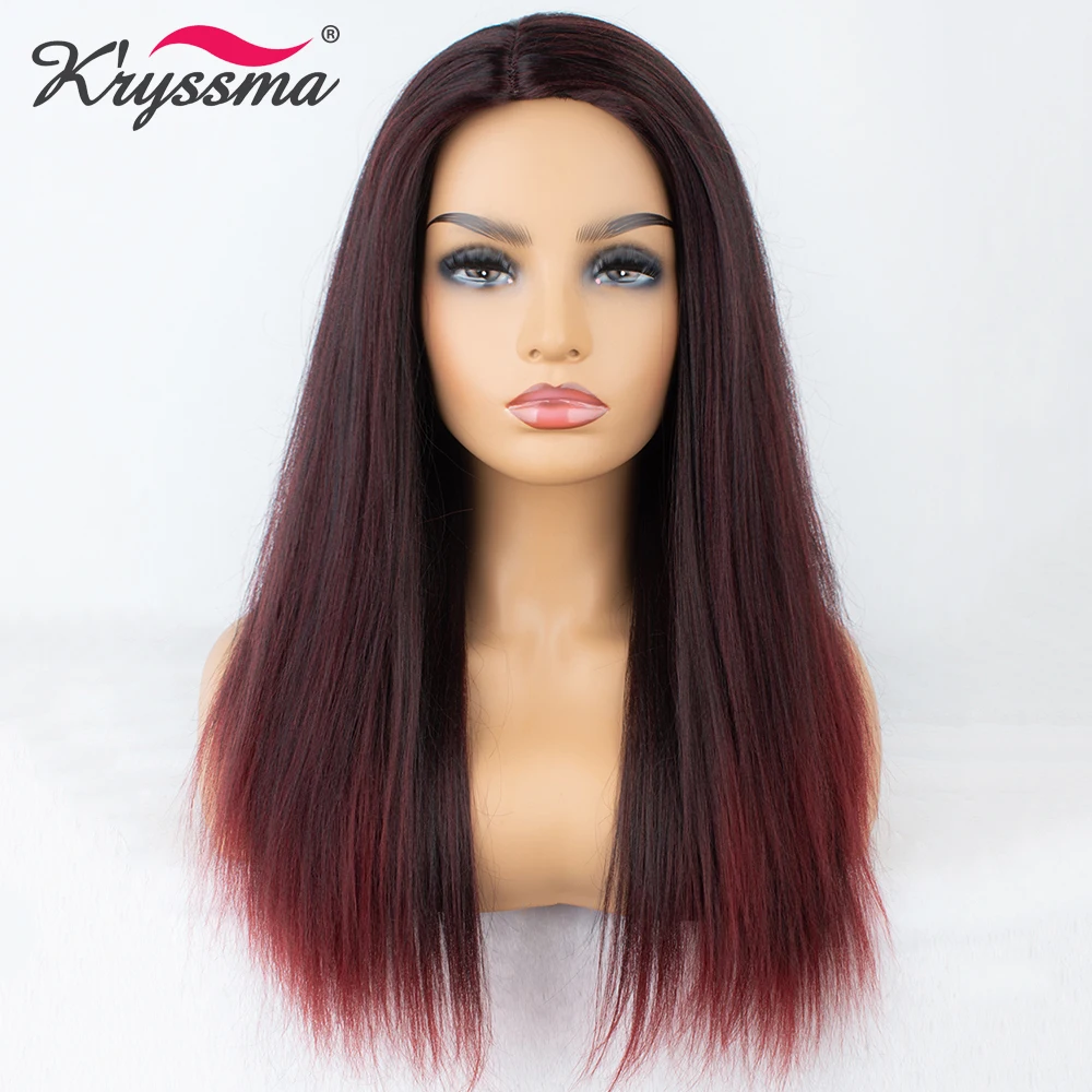 Long Italian Yaki Burgundy Red Wine Ombre Wig Mixed Color Synthetic