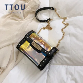 

TTOU Women Laser Crossbody Bag Chain Mini Shoulder Bag Rivet Patchwork Messenger Bag Purses Evening Clutch Bag bolsa feminina
