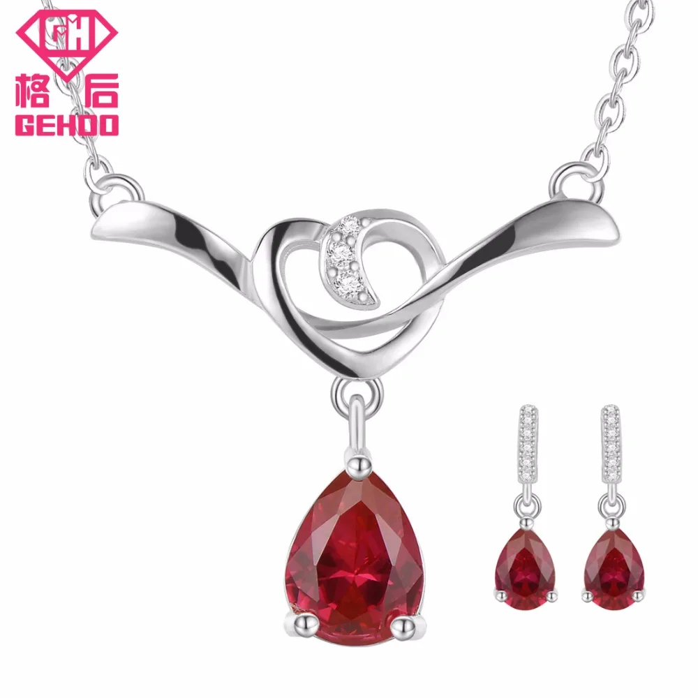 

GEHOO 925 Sterling Silver Water Drop Party Earrings / Pendant & Necklace Retro Red Ruby Zirconia CZ Paved Jewelry Sets for Women
