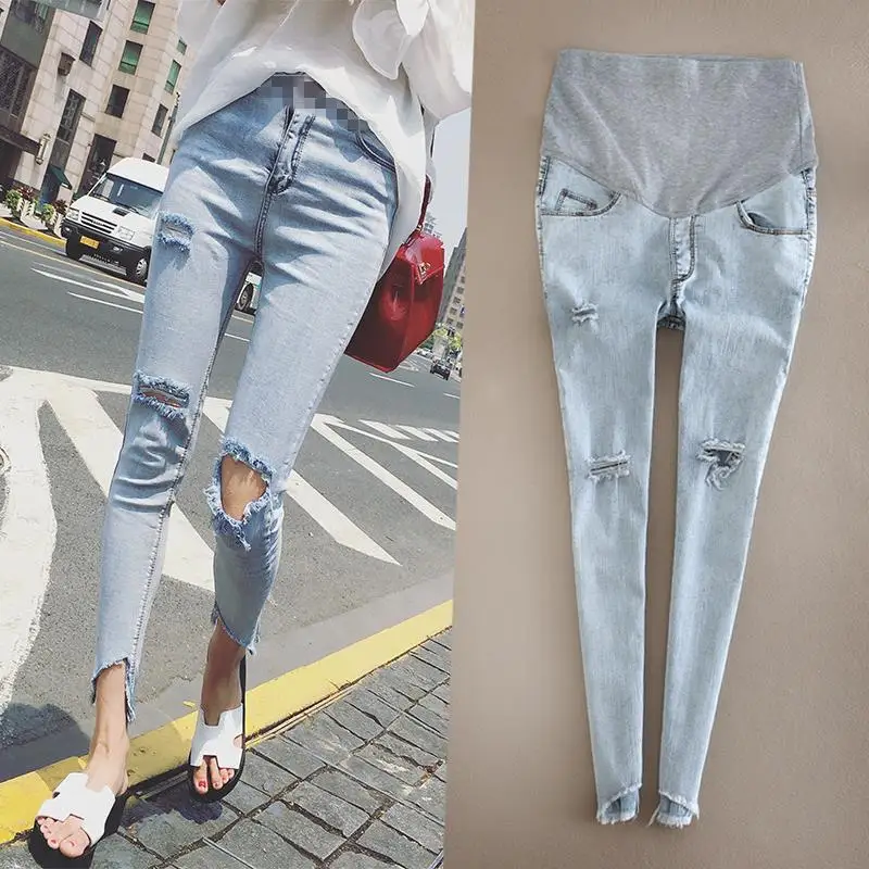 

New Maternity Clothes Nine Points Hole Pregnant Women Jeans Light Color Irregular Slim Feet Pants Korean Stomach Lift Pants
