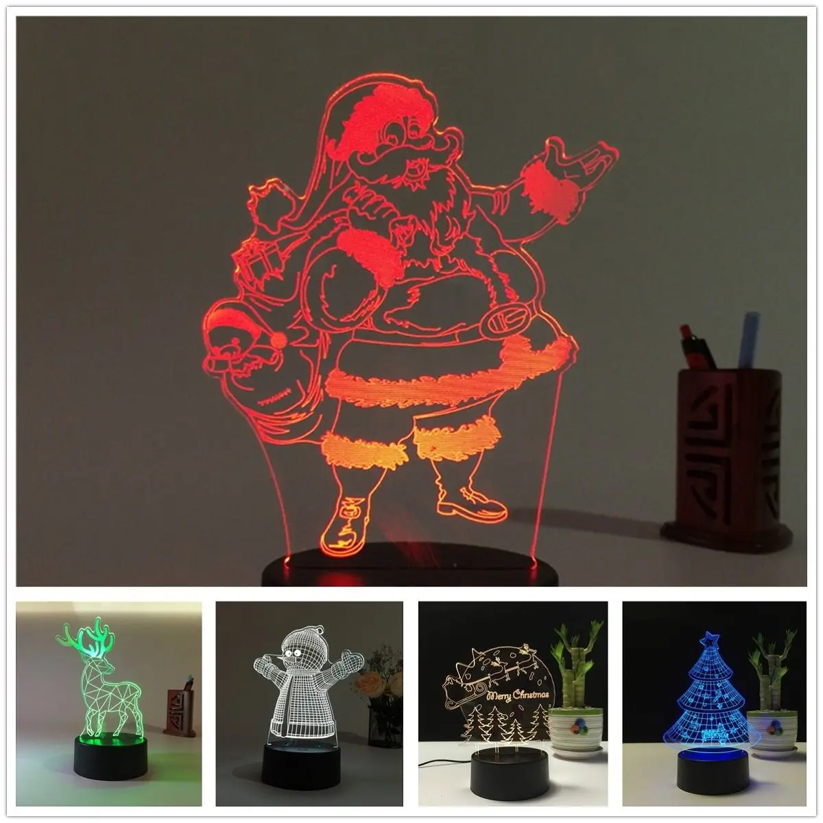 3D ночник меняющий цвет Рождественская елка с оленем снеговик USB акриловый