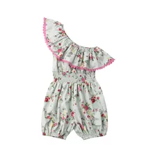 Дети свободная футболка для девочек модные Шорты с высокой талией оборки, открытые плечи цветочный летний боди детская одежда