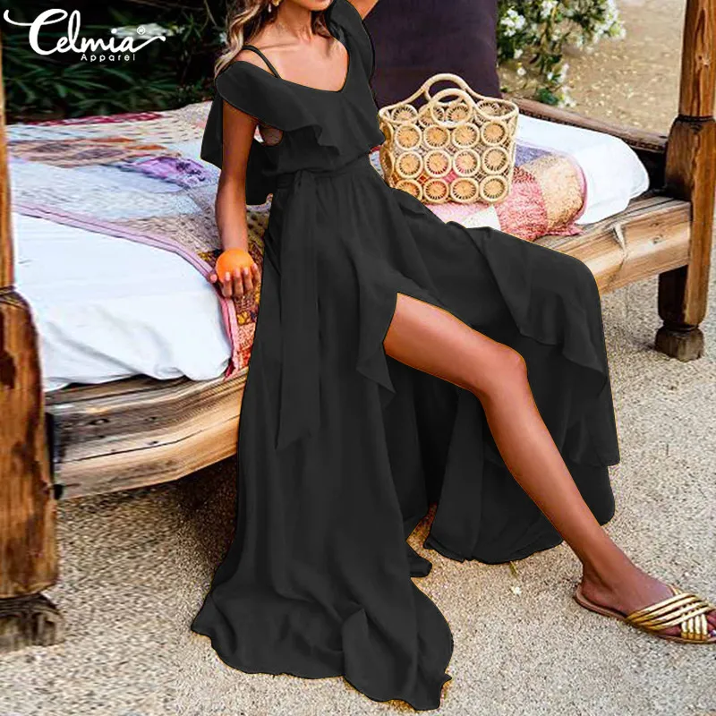 

Celmia Plus Size Women Summer Sexy Maxi Long Dress Loose High Split Bohemian Style Sleeveless Party Holiday Vestidos Mujer 2019