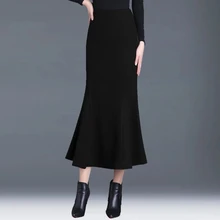 Осенняя Женская юбка тонкая черная юбка с высокой талией Женская шерстяная юбка русалки Повседневная Длинная юбка Женская Плюс Размер Ретро-юбки